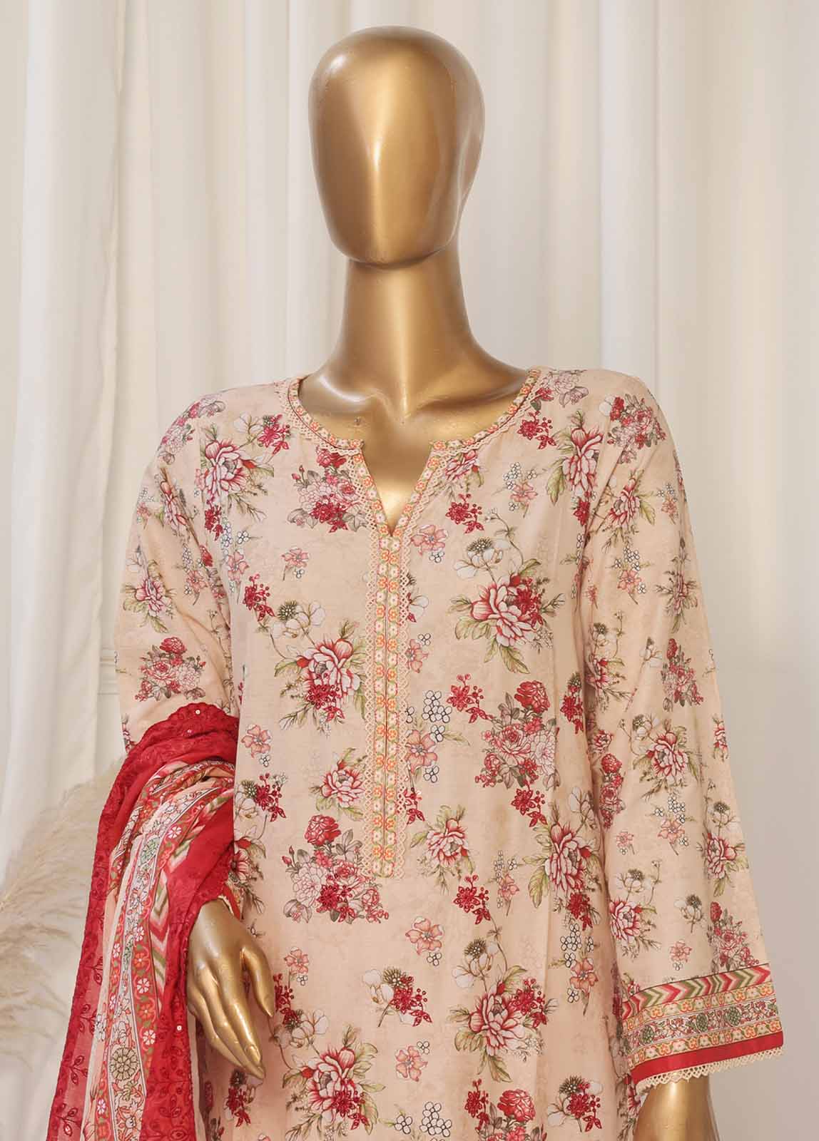 Bin Saeed Fabric - SMED-018- 3 Piece Printed Embroidered Stitched Suit