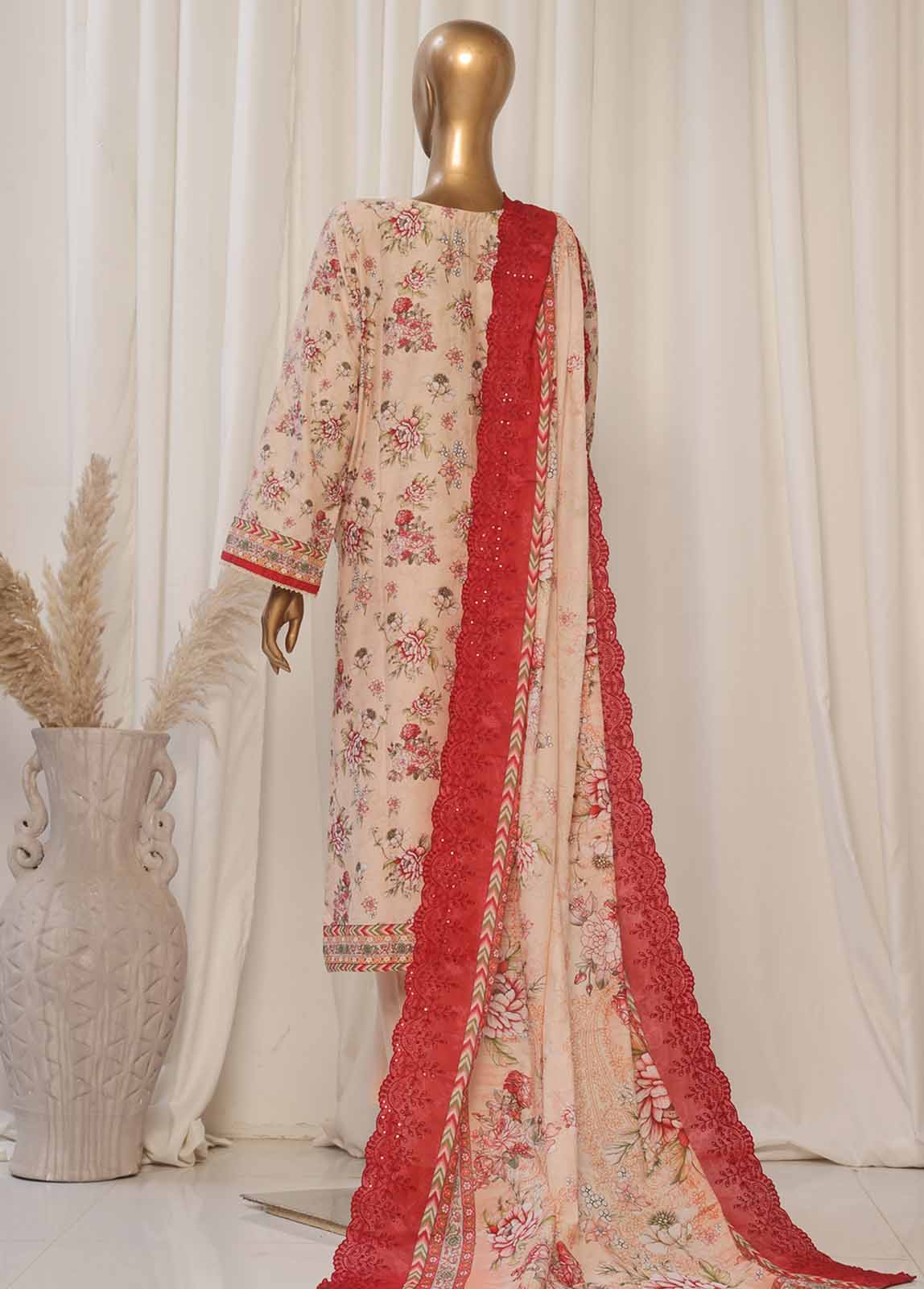 Bin Saeed Fabric - SMED-018- 3 Piece Printed Embroidered Stitched Suit