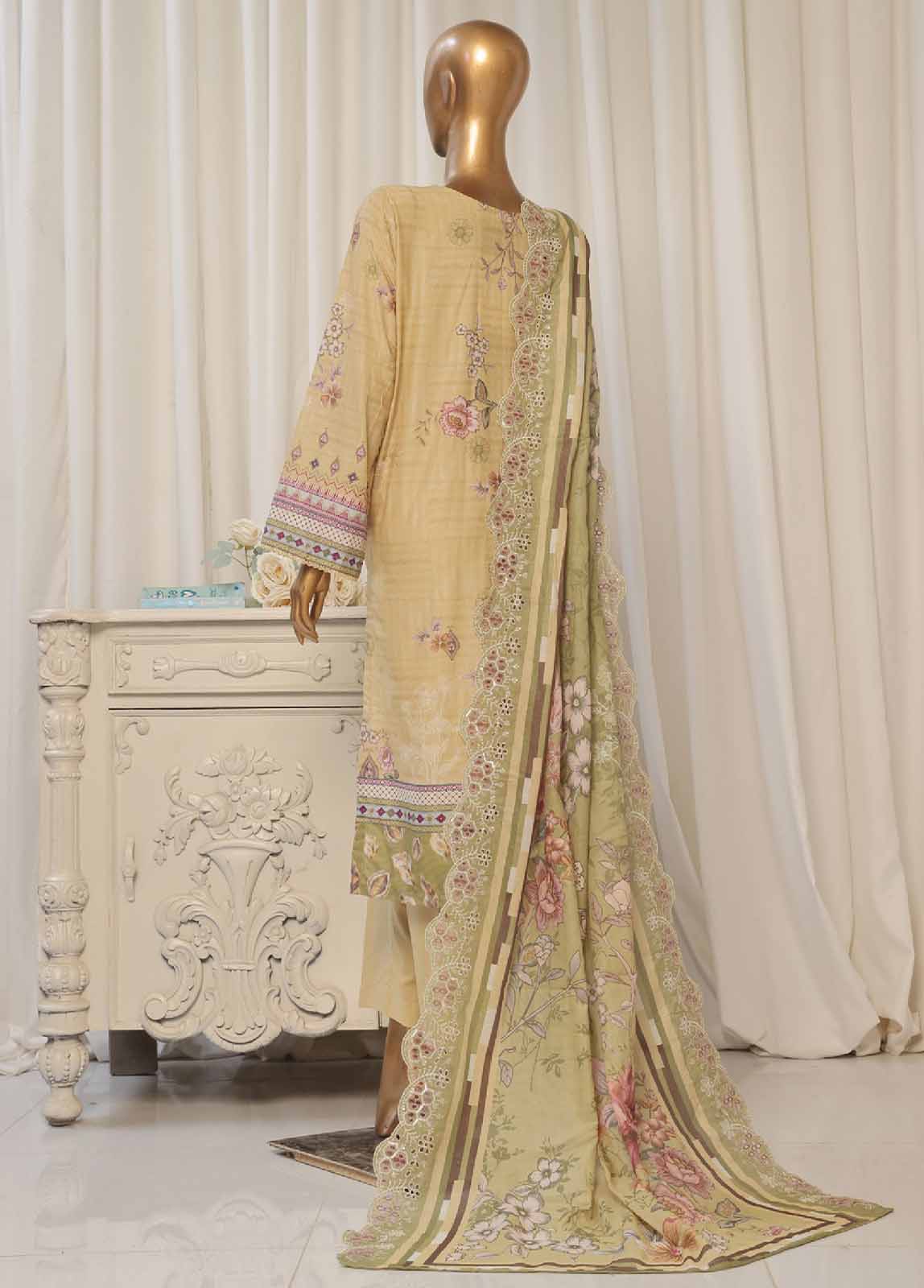 Bin Saeed Fabric - SMED-021- 3 Piece Printed Embroidered Stitched Suit