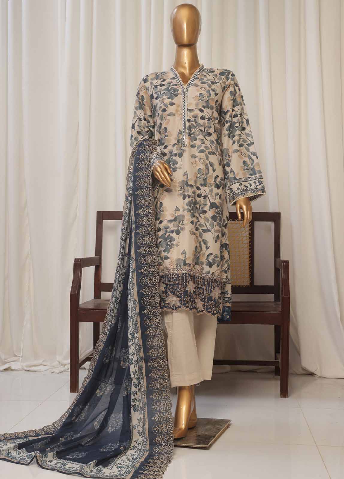 Bin Saeed Fabric - SMED-022- 3 Piece Printed Embroidered Stitched Suit