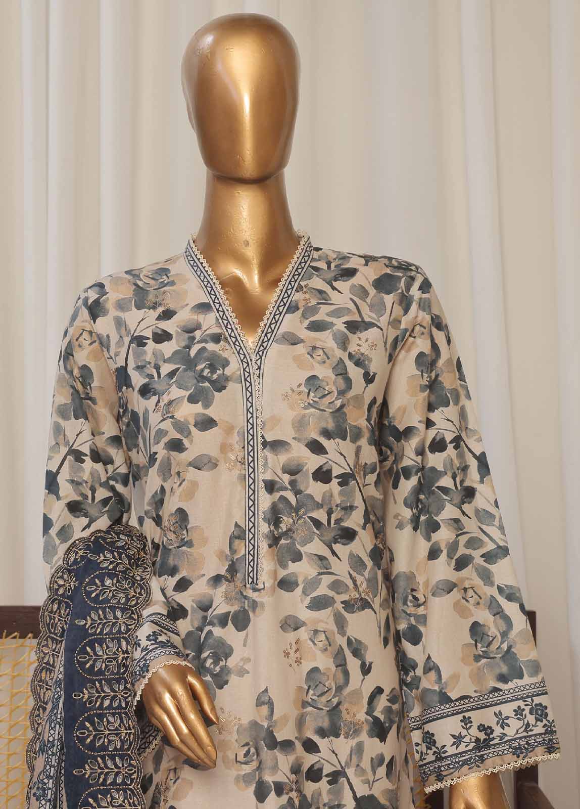 Bin Saeed Fabric - SMED-022- 3 Piece Printed Embroidered Stitched Suit