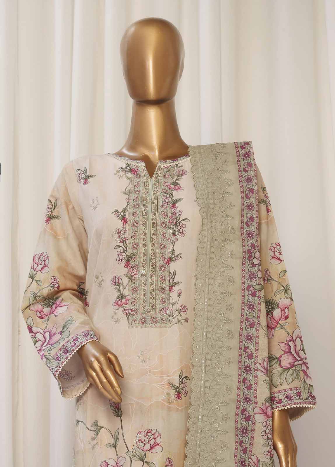 Bin Saeed Fabric - SMED-024- 3 Piece Printed Embroidered Stitched Suit