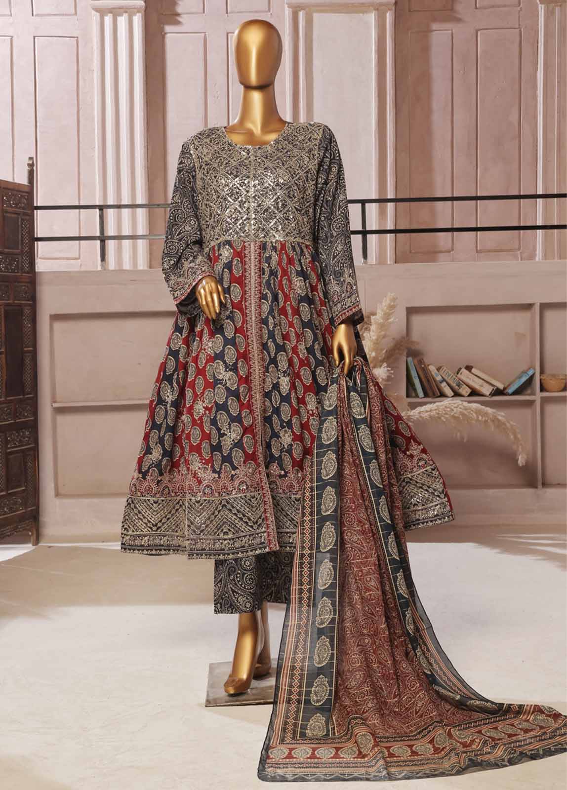 Bin Saeed Fabric - SMFR-025-3 Piece Lawn Embroidered Frock Style Suit