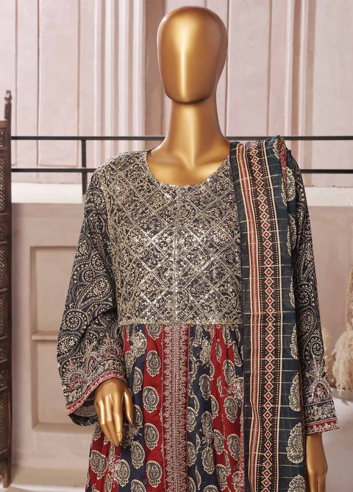 Bin Saeed Fabric - SMFR-025-3 Piece Lawn Embroidered Frock Style Suit