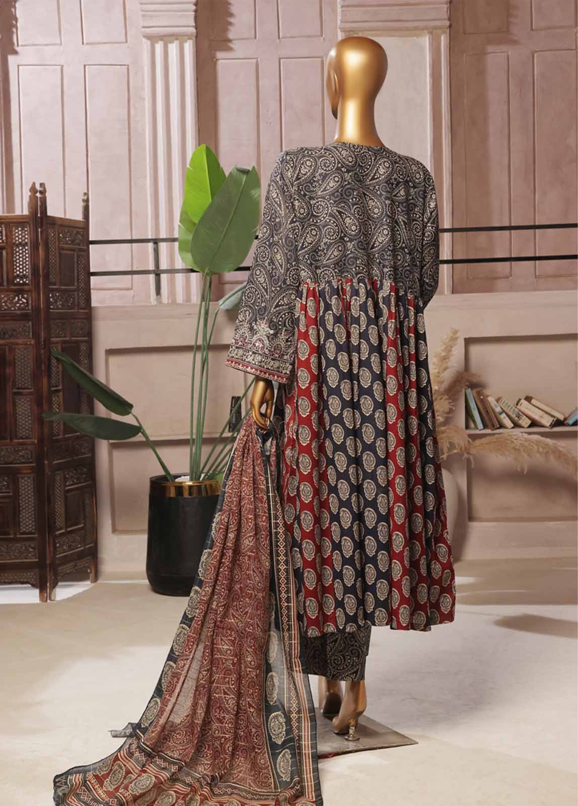 Bin Saeed Fabric - SMFR-025-3 Piece Lawn Embroidered Frock Style Suit