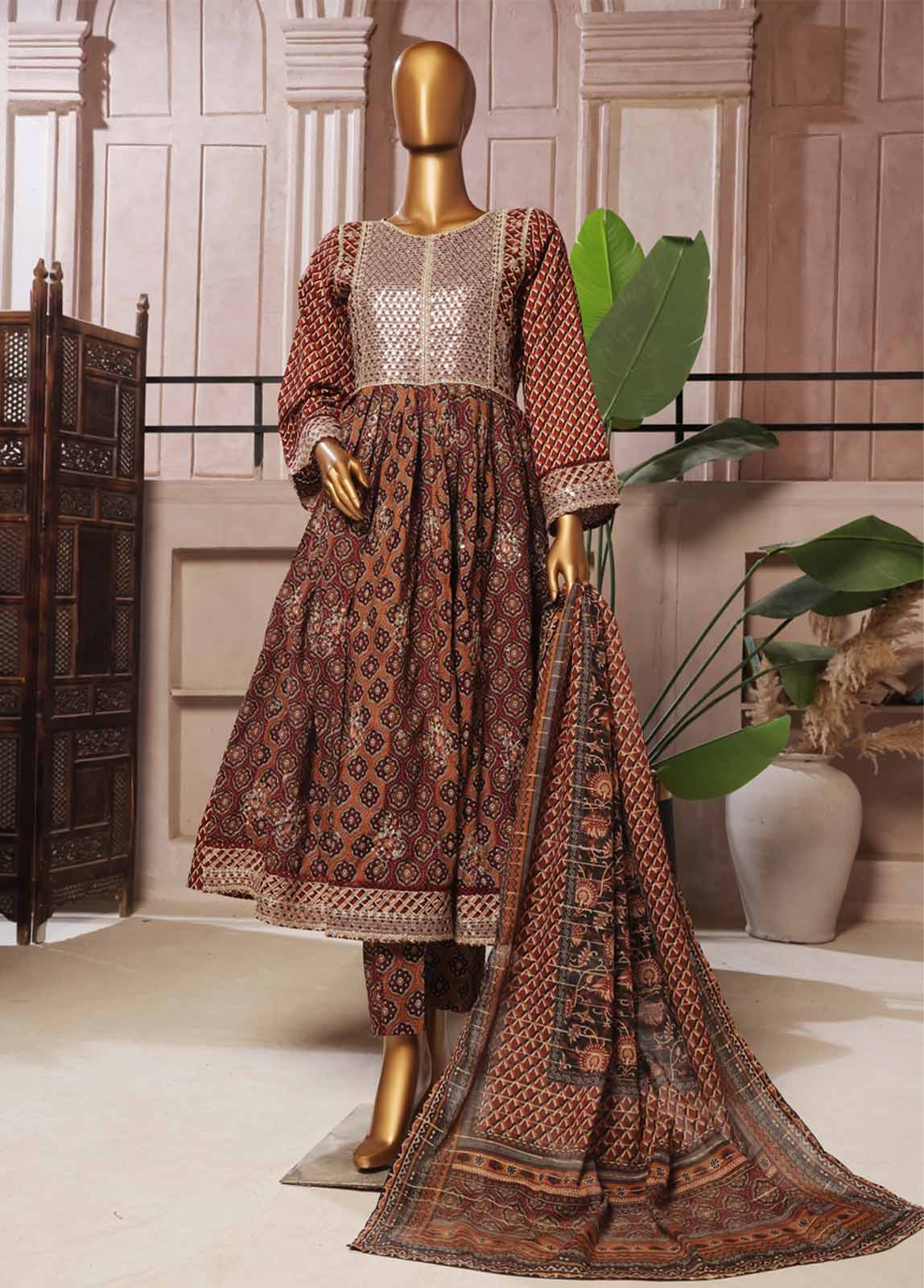 Bin Saeed Fabric - SMFR-027-3 Piece Lawn Embroidered Frock Style Suit