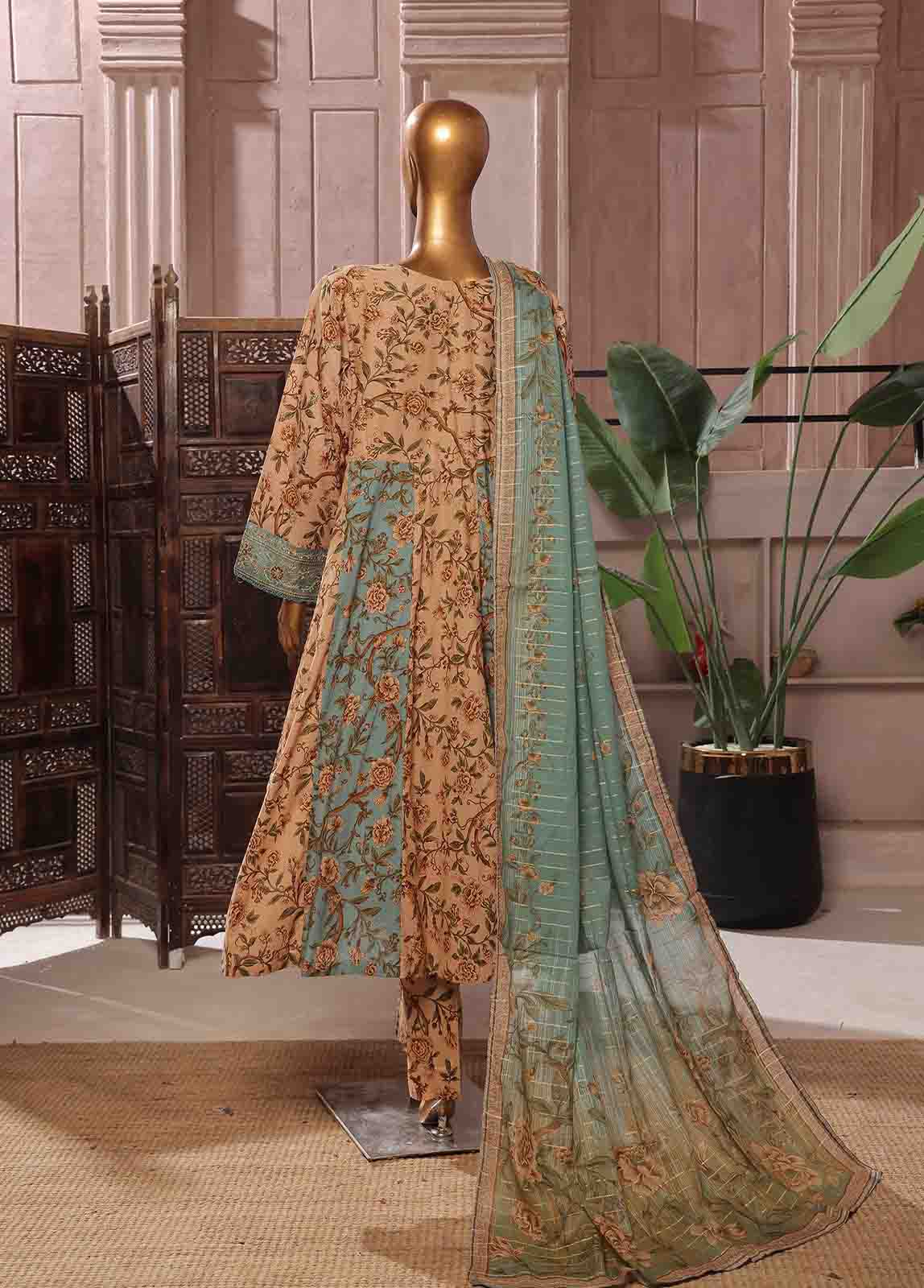 Bin Saeed Fabric - SMFR-037-3 Piece Lawn Embroidered Frock Style Suit