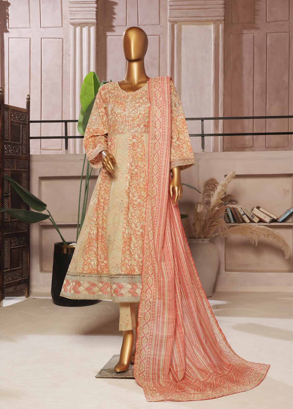 Bin Saeed Fabric - SMFR-039-3 Piece Lawn Embroidered Frock Style Suit