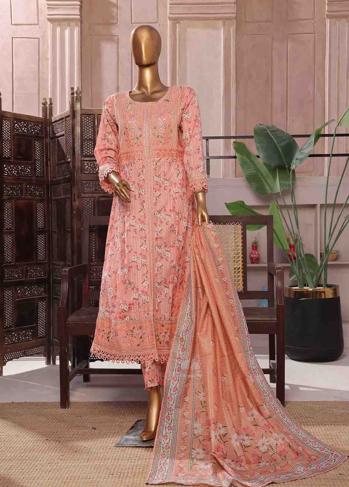 Bin Saeed Fabric - SMFR-069-3 Piece Lawn Embroidered Frock Style Suit