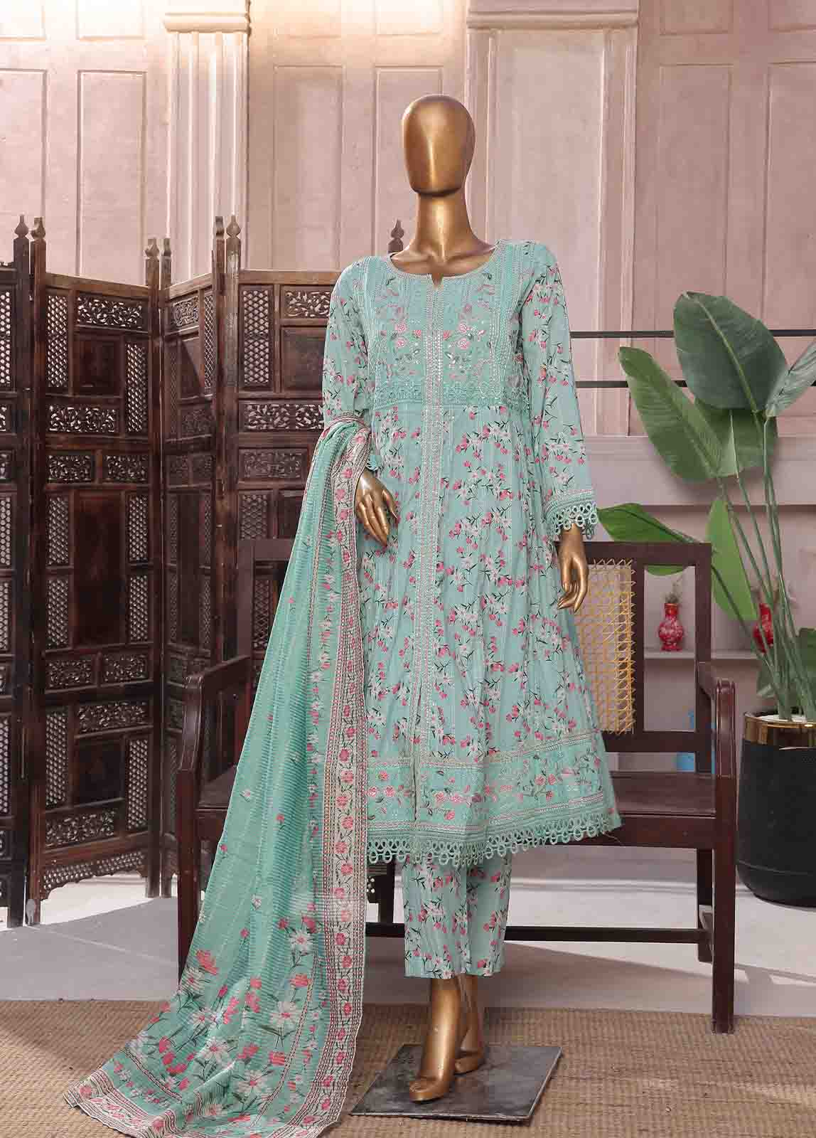Bin Saeed Fabric - SMFR-070-3 Piece Lawn Embroidered Frock Style Suit