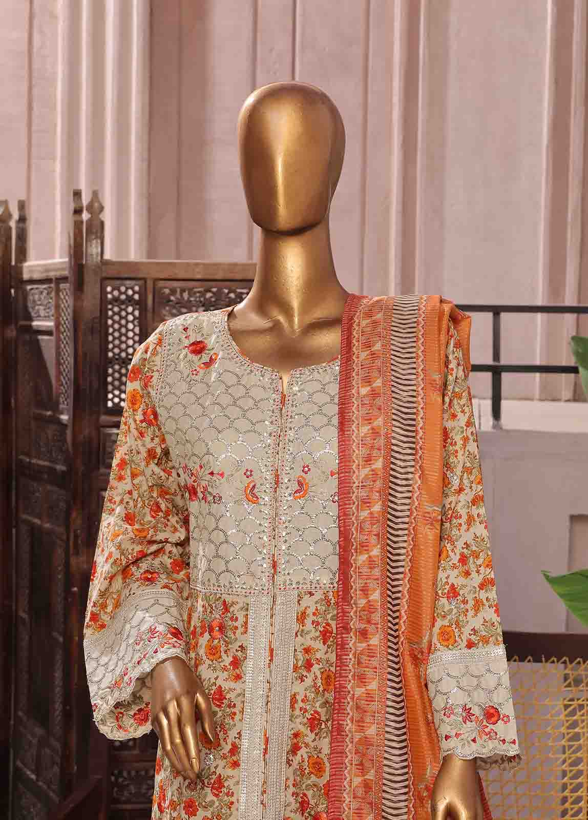 Bin Saeed Fabric - SMFR-071-3 Piece Lawn Embroidered Frock Style Suit