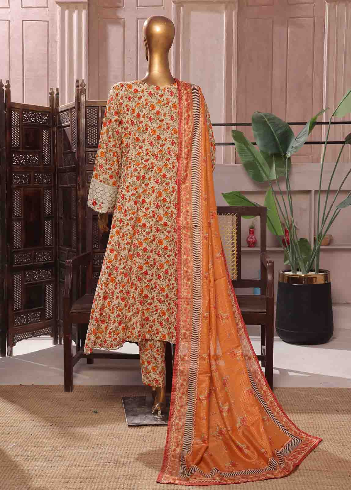 Bin Saeed Fabric - SMFR-071-3 Piece Lawn Embroidered Frock Style Suit