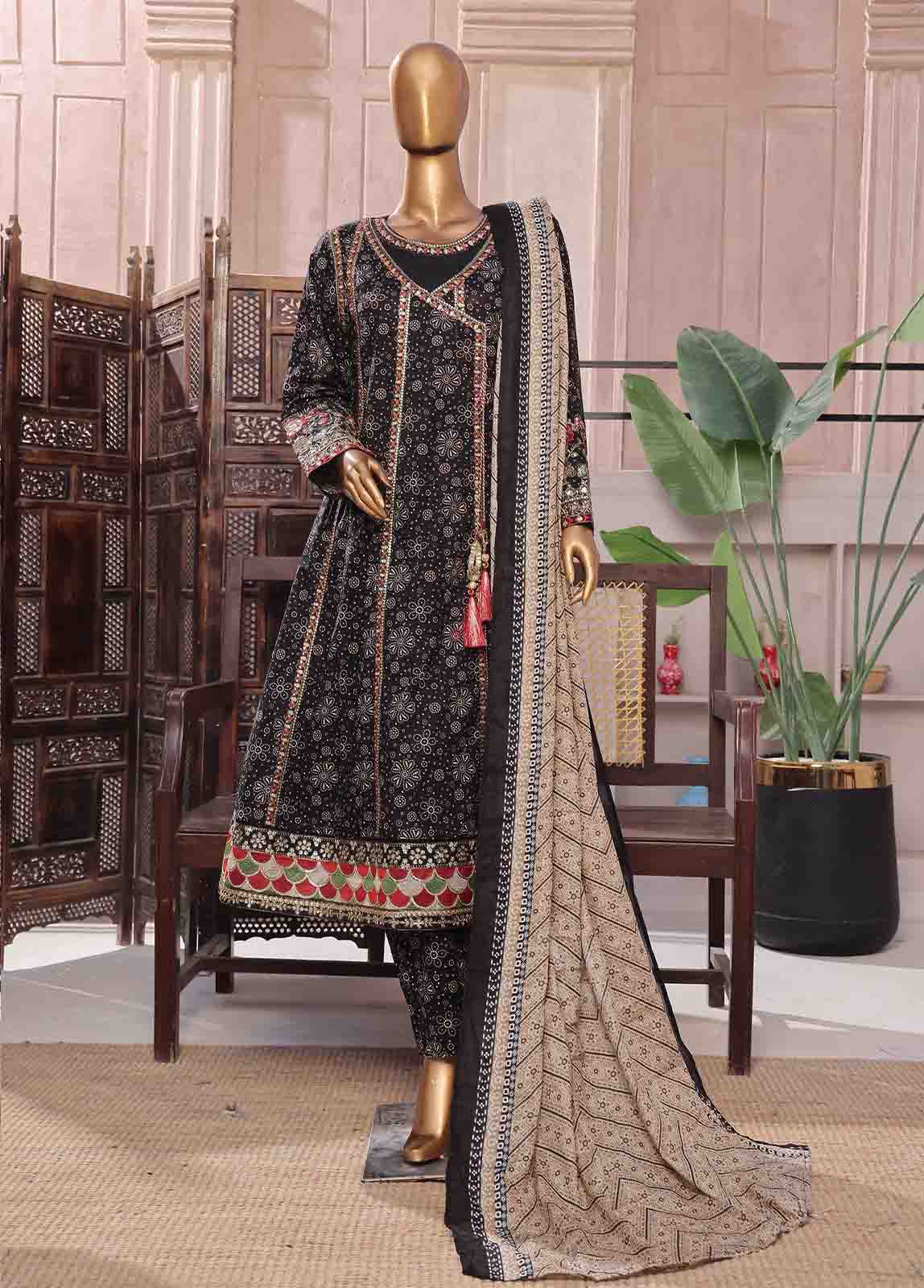 Bin Saeed Fabric - SMFR-0796-3 Piece Lawn Embroidered Frock Style Suit