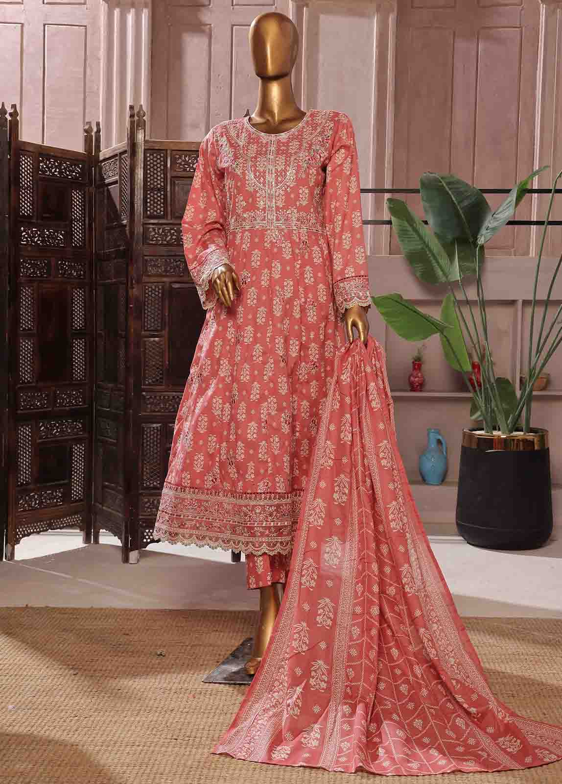 Bin Saeed Fabric - SMFR-0803-3 Piece Lawn Embroidered Frock Style Suit
