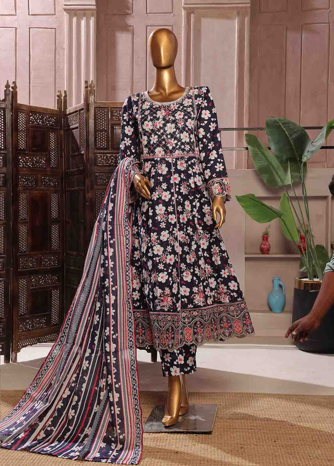 Bin Saeed Fabric - SMFR-0804-3 Piece Lawn Embroidered Frock Style Suit
