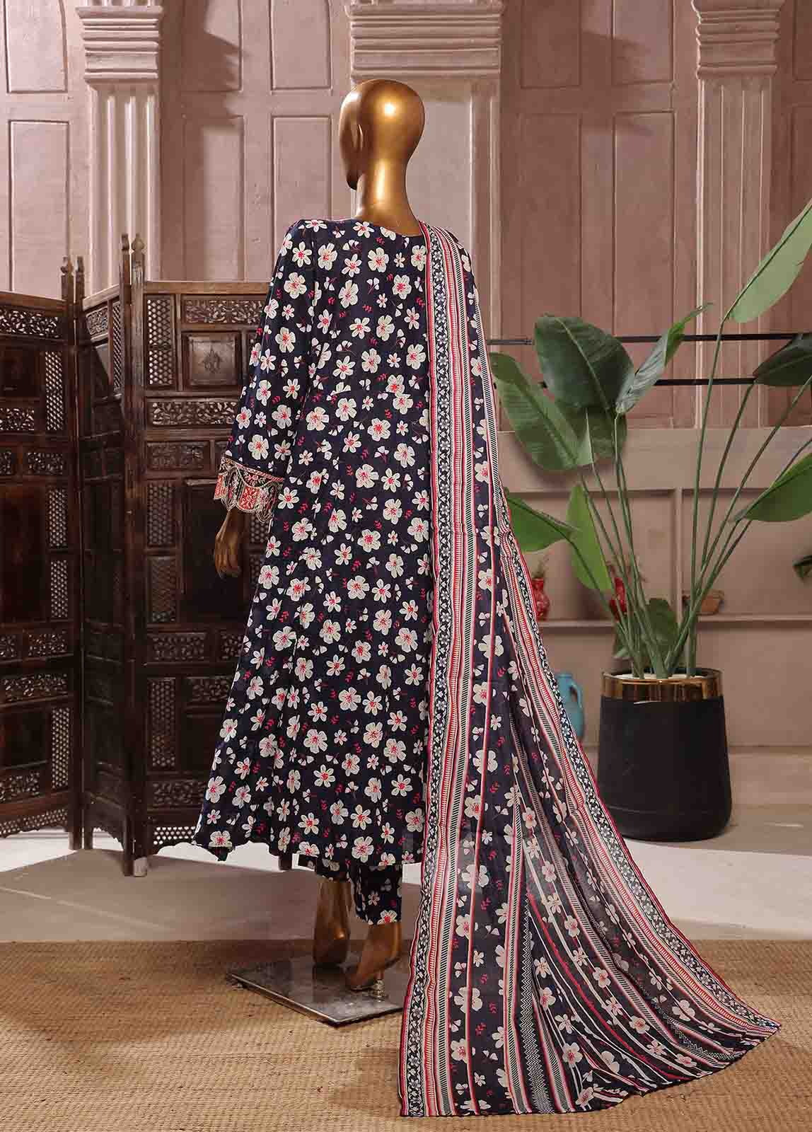 Bin Saeed Fabric - SMFR-0804-3 Piece Lawn Embroidered Frock Style Suit