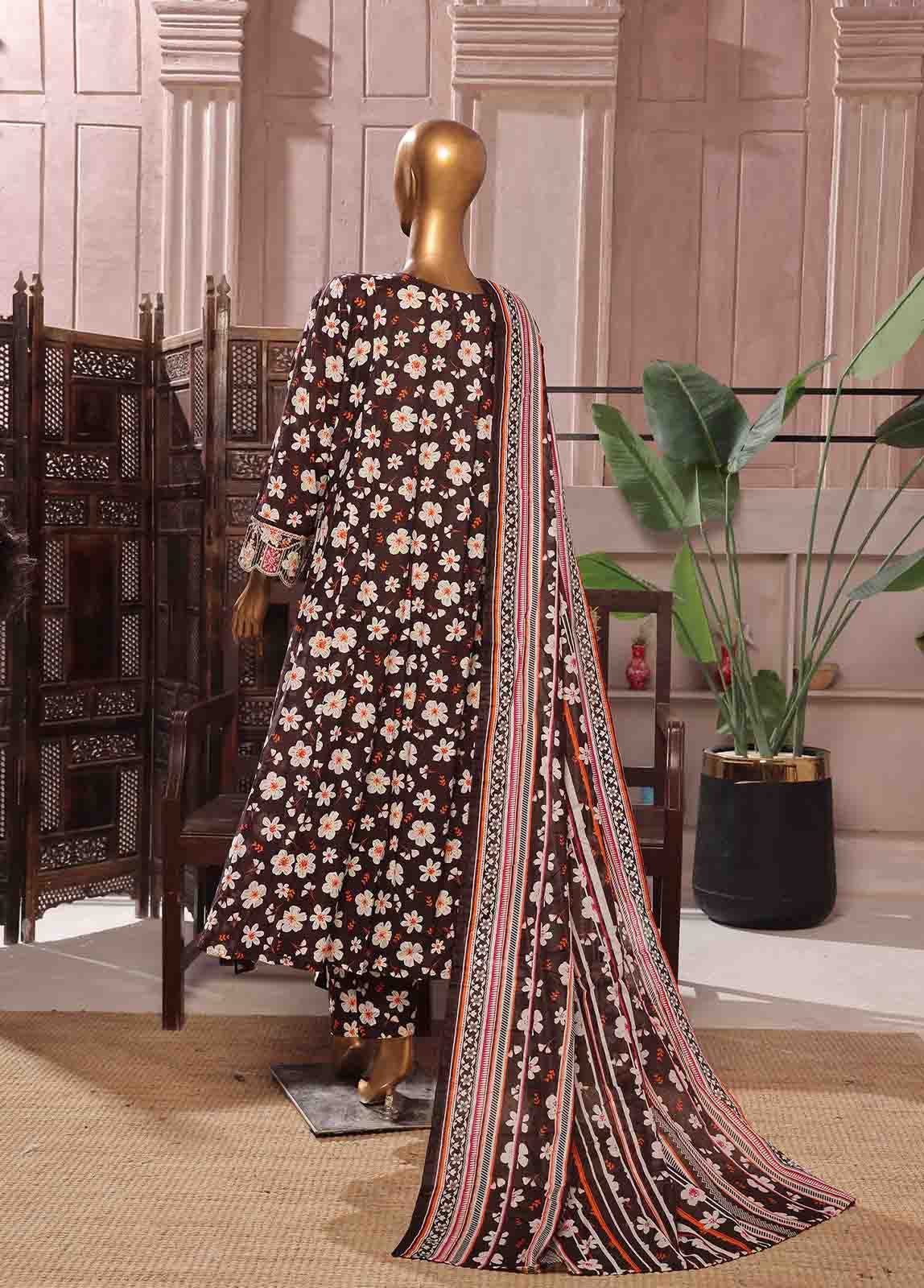 Bin Saeed Fabric - SMFR-0805-3 Piece Lawn Embroidered Frock Style Suit