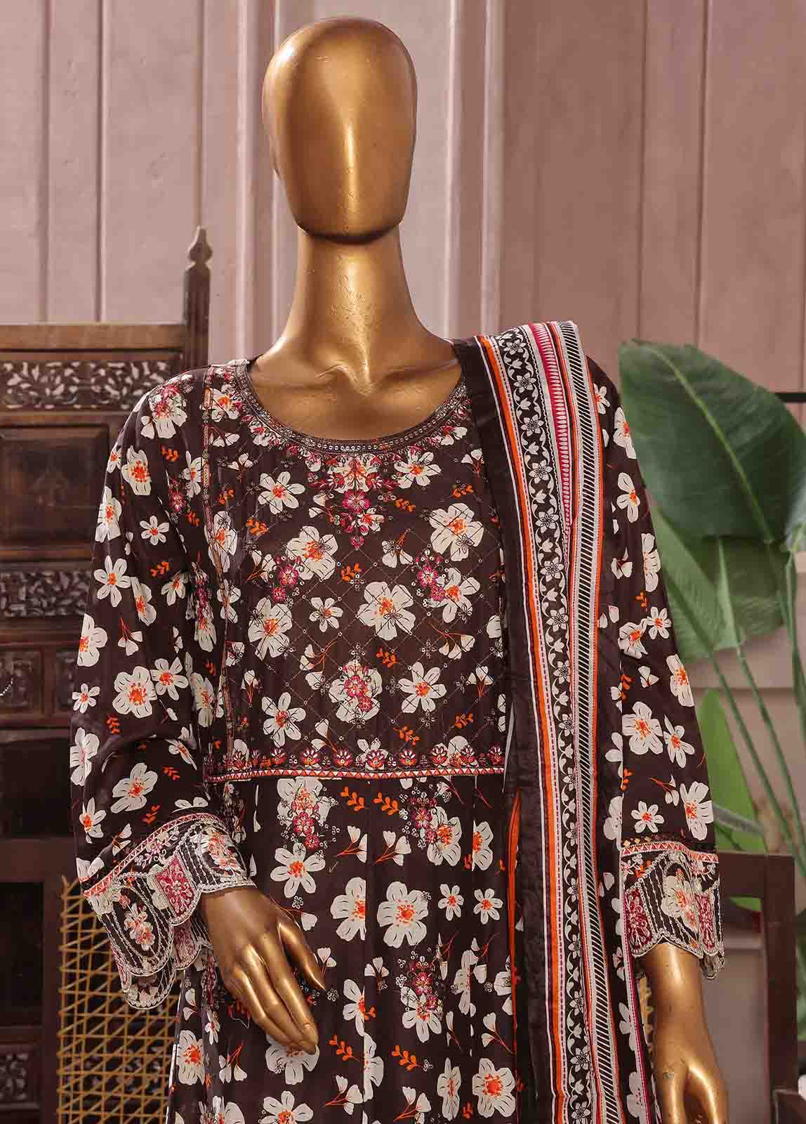 Bin Saeed Fabric - SMFR-0805-3 Piece Lawn Embroidered Frock Style Suit
