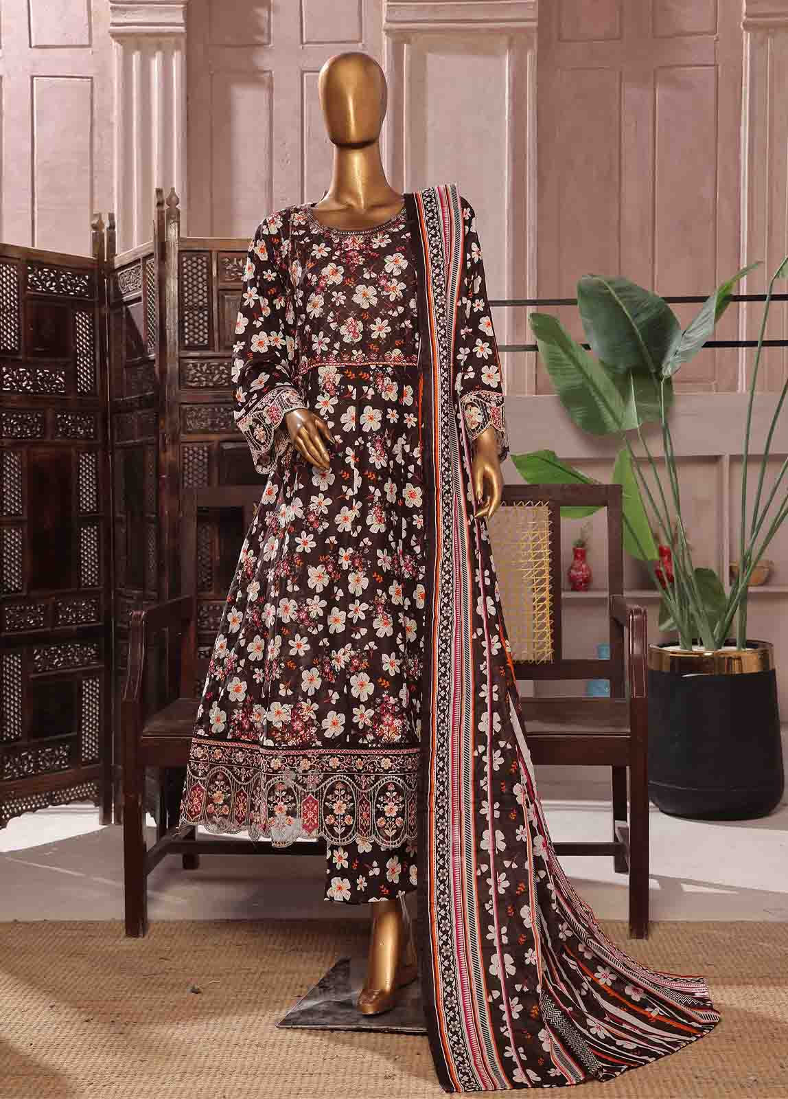 Bin Saeed Fabric - SMFR-0805-3 Piece Lawn Embroidered Frock Style Suit