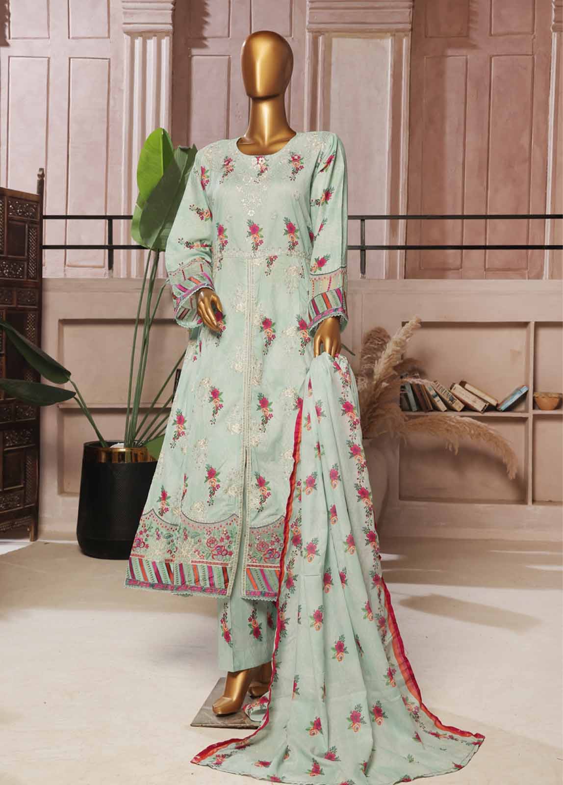 Bin Saeed Fabric - SMFR-799-3 Piece Lawn Embroidered Frock Style Suit