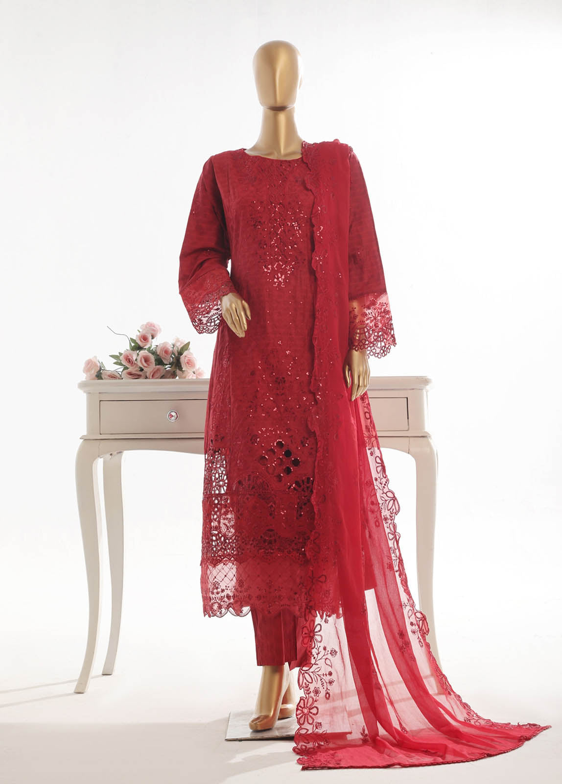 Bin Saeed Fabric - SMK-FR-102B-3 Piece Self Lawn Embroidered Frock Style Suit