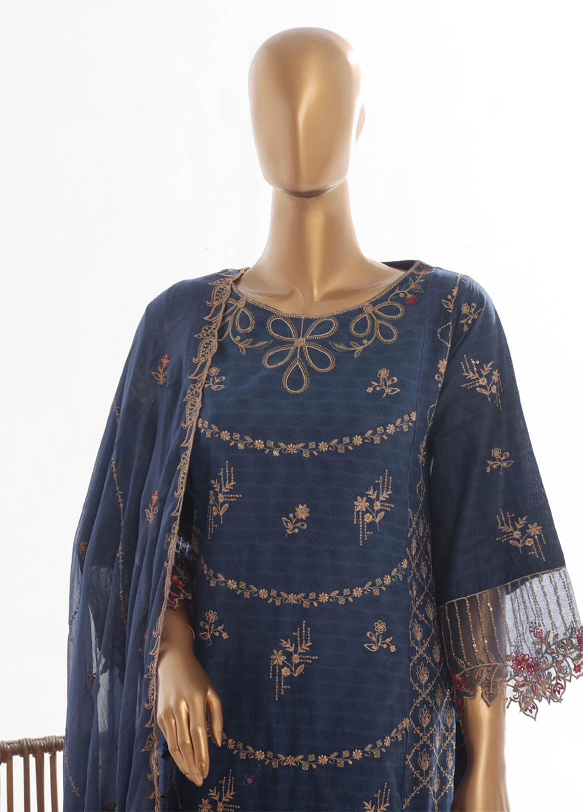 Bin Saeed Fabric - SMK-FR-103B-3 Piece Self Lawn Embroidered Frock Style Suit