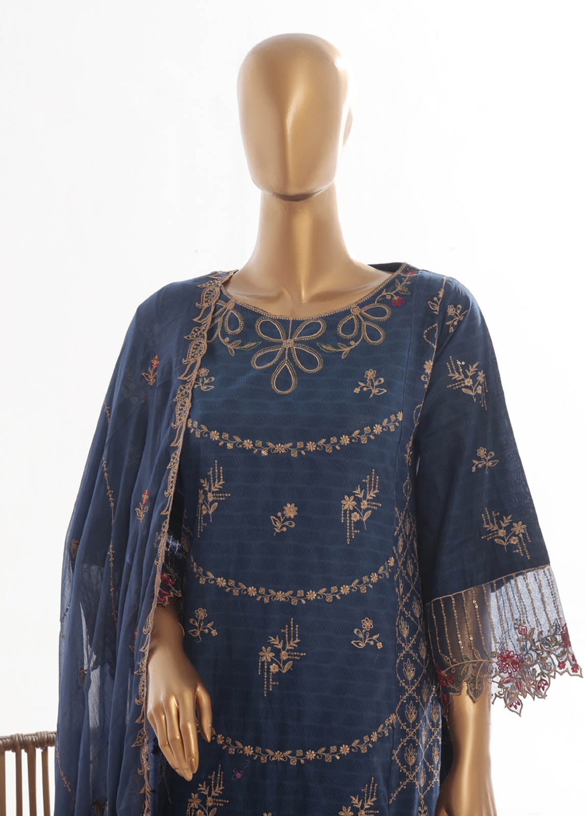 Bin Saeed Fabric - SMK-FR-103B-3 Piece Self Lawn Embroidered Frock Style Suit