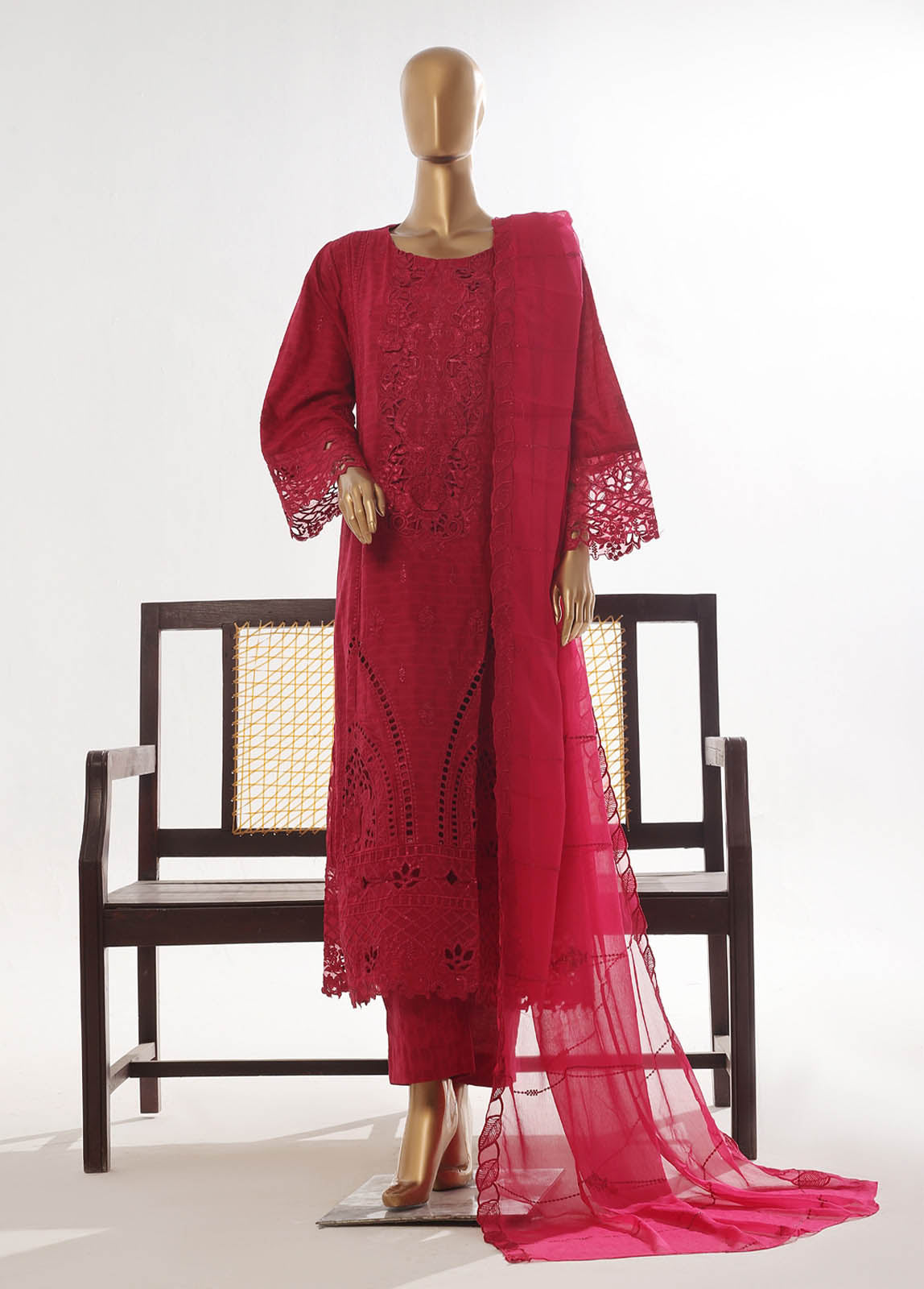 Bin Saeed Fabric - SMK-FR-104B-3 Piece Self Lawn Embroidered Frock Style Suit