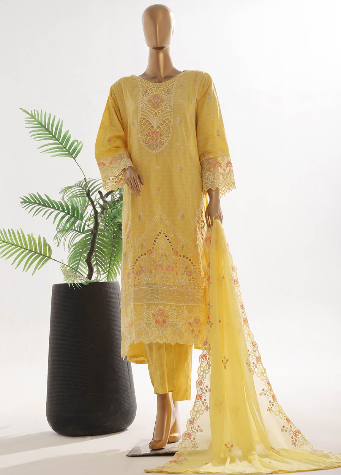 Bin Saeed Fabric - SMK-FR-105B-3 Piece Self Lawn Embroidered Frock Style Suit