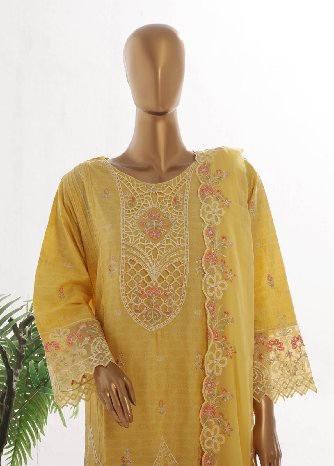 Bin Saeed Fabric - SMK-FR-105B-3 Piece Self Lawn Embroidered Frock Style Suit