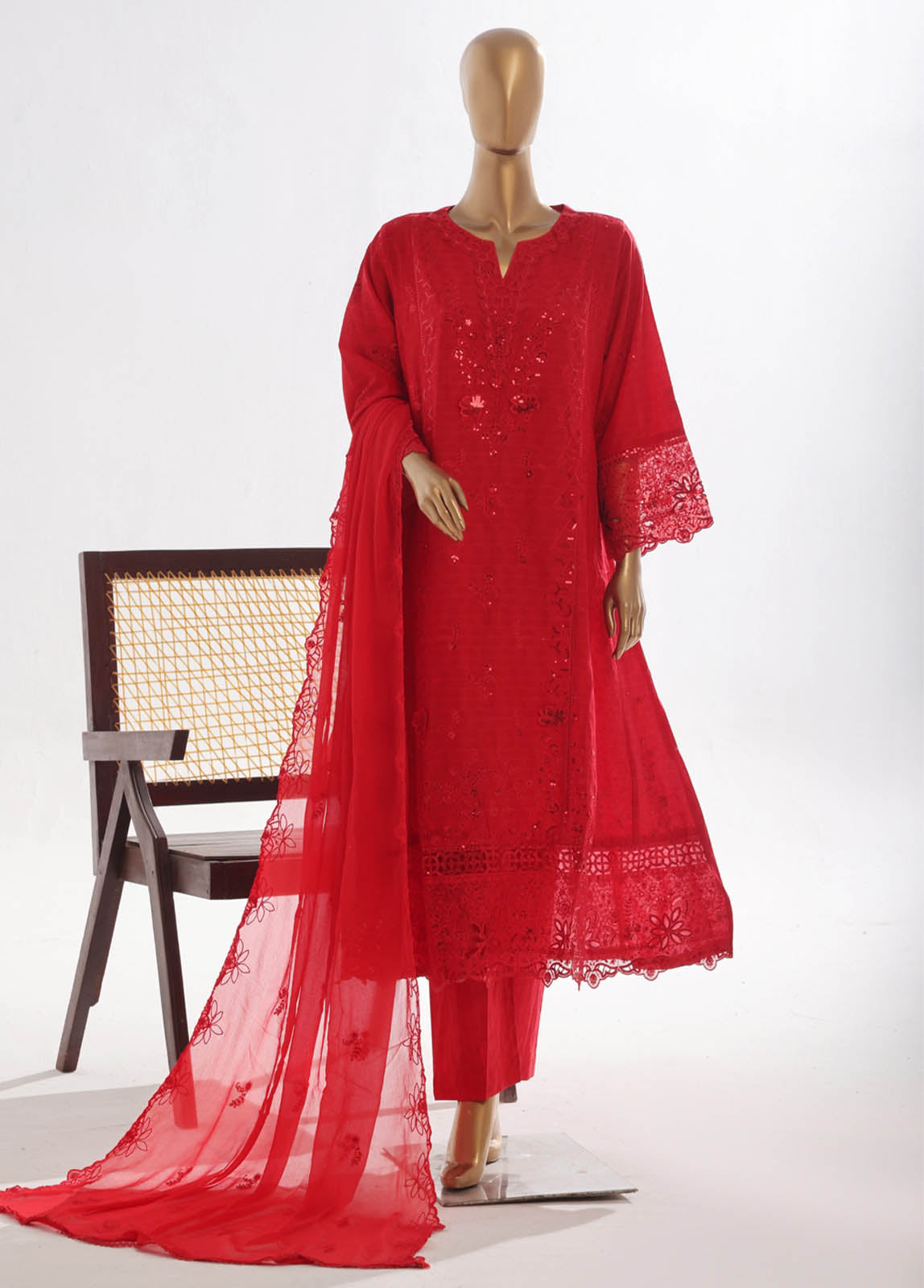 Bin Saeed Fabric - SMK-FR-107B-3 Piece Self Lawn Embroidered Frock Style Suit