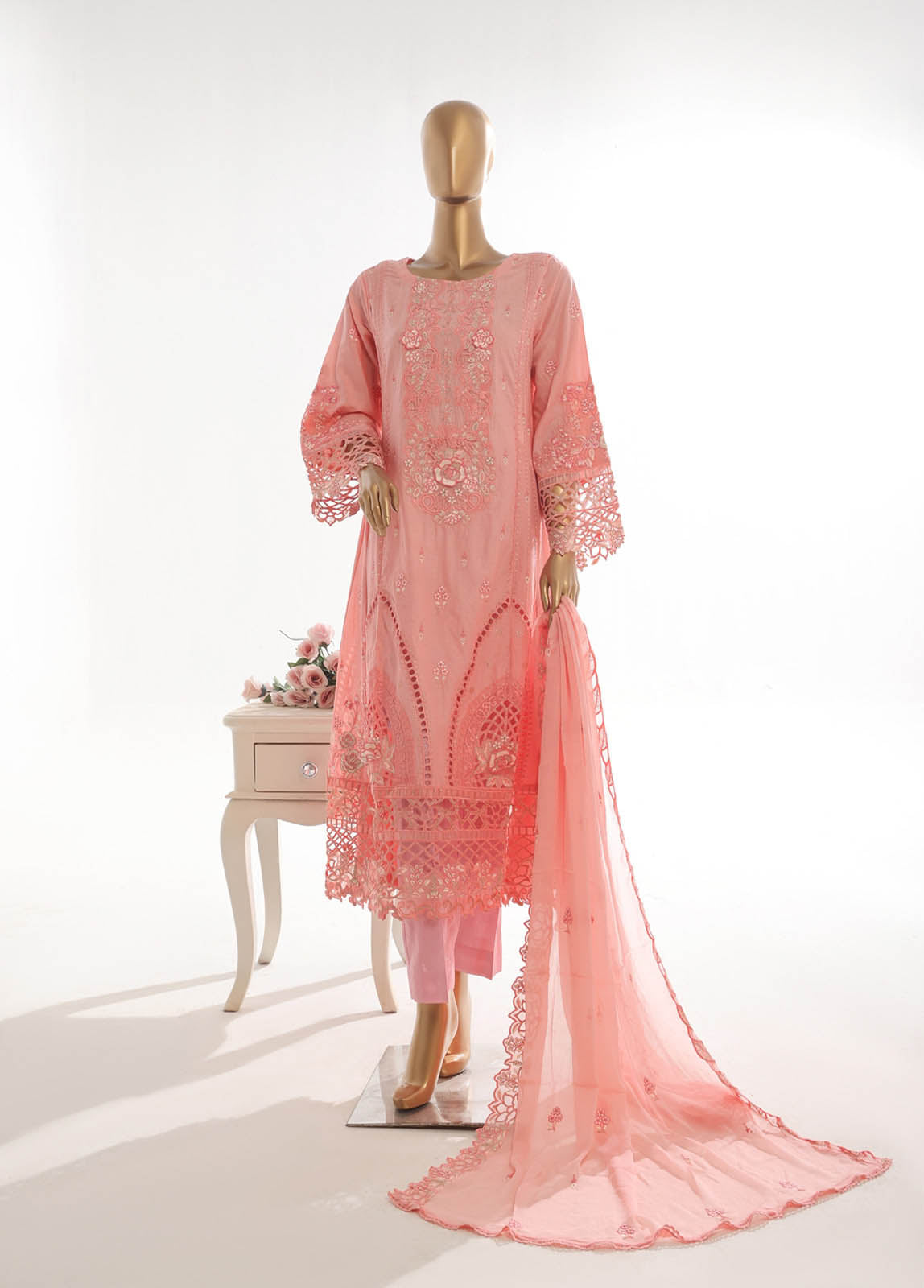 Bin Saeed Fabric - SMK-FR-108B-3 Piece Self Lawn Embroidered Frock Style Suit