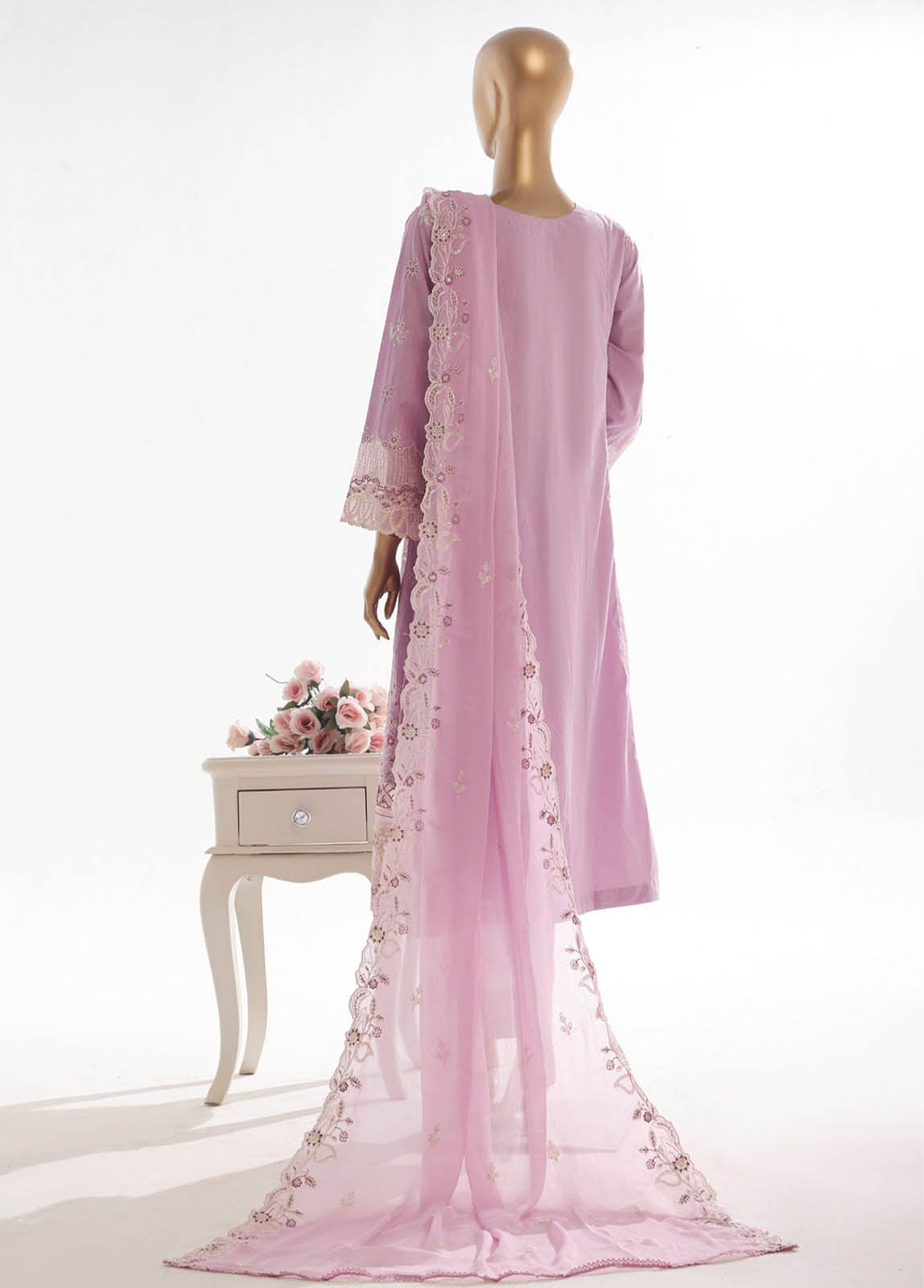 Bin Saeed Fabric - SMK-FR-109B-3 Piece Self Lawn Embroidered Frock Style Suit