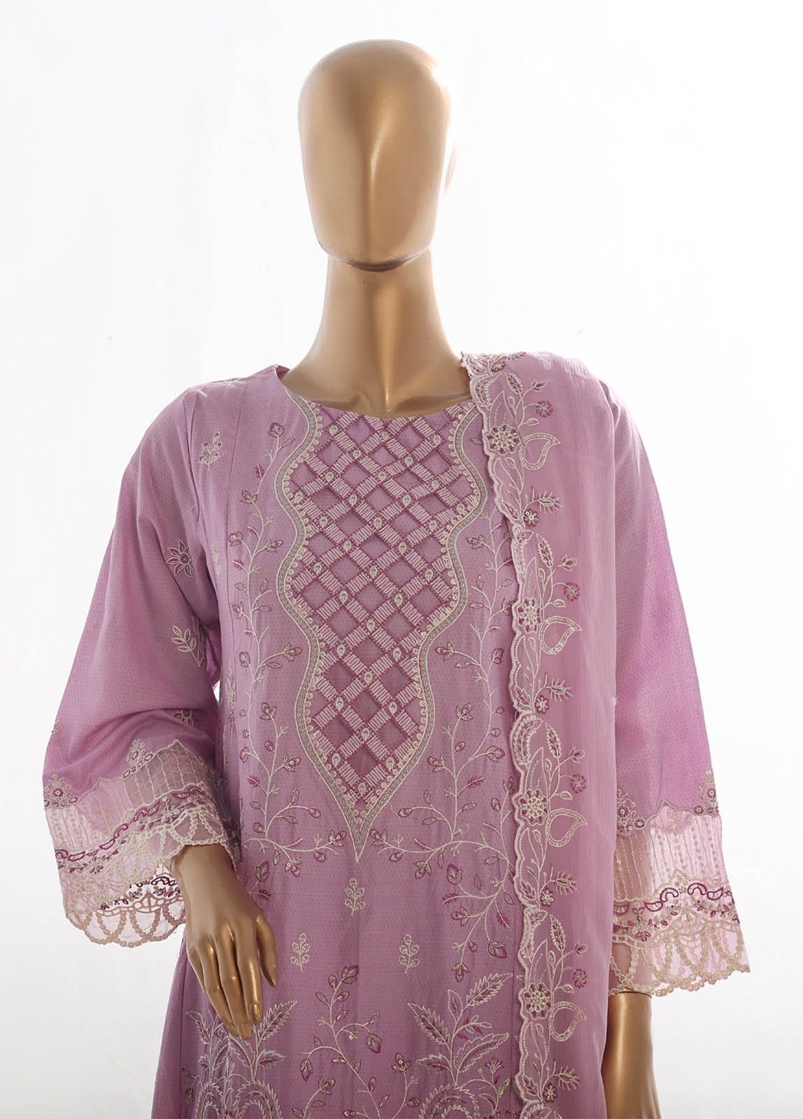 Bin Saeed Fabric - SMK-FR-109B-3 Piece Self Lawn Embroidered Frock Style Suit
