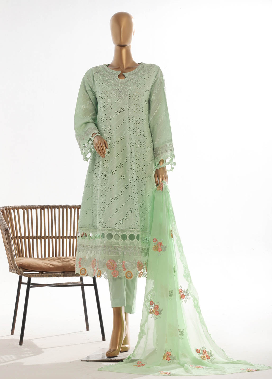 Bin Saeed Fabric - SMK-FR-113B-3 Piece Self Lawn Embroidered Frock Style Suit