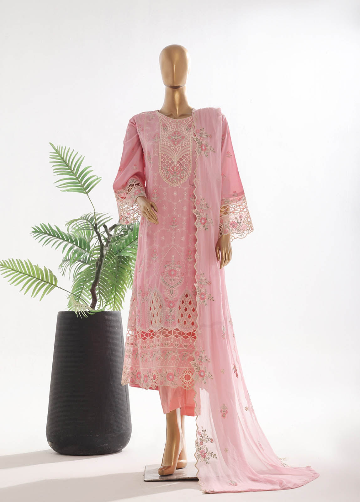 Bin Saeed Fabric - SMK-FR-114B-3 Piece Self Lawn Embroidered Frock Style Suit