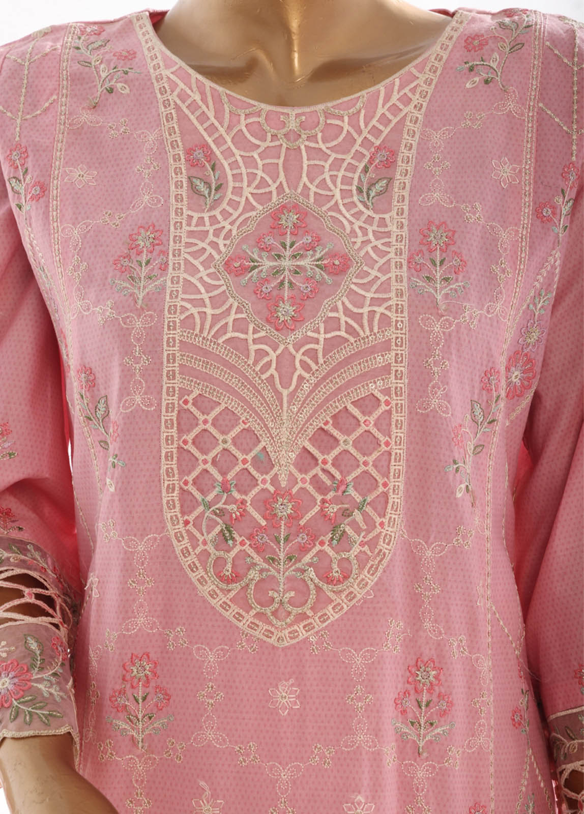 Bin Saeed Fabric - SMK-FR-114B-3 Piece Self Lawn Embroidered Frock Style Suit
