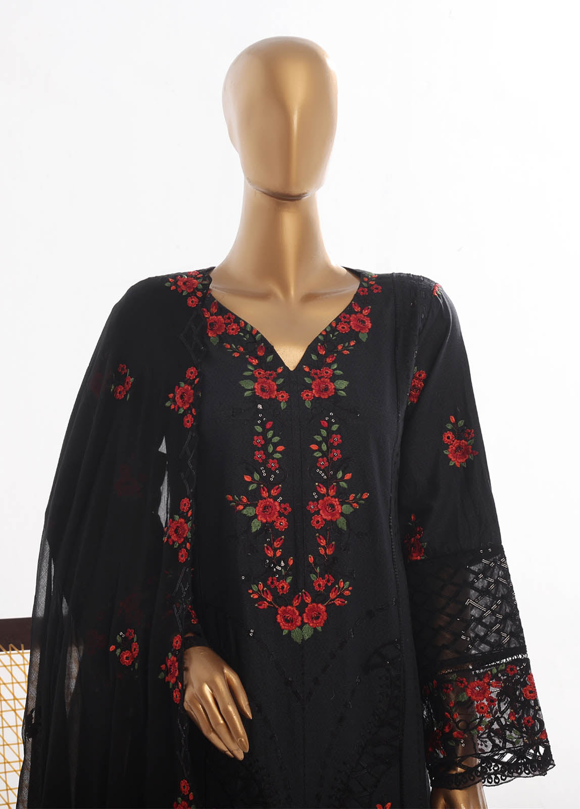 Bin Saeed Fabric - SMK-FR-121B-3 Piece Self Lawn Embroidered Frock Style Suit