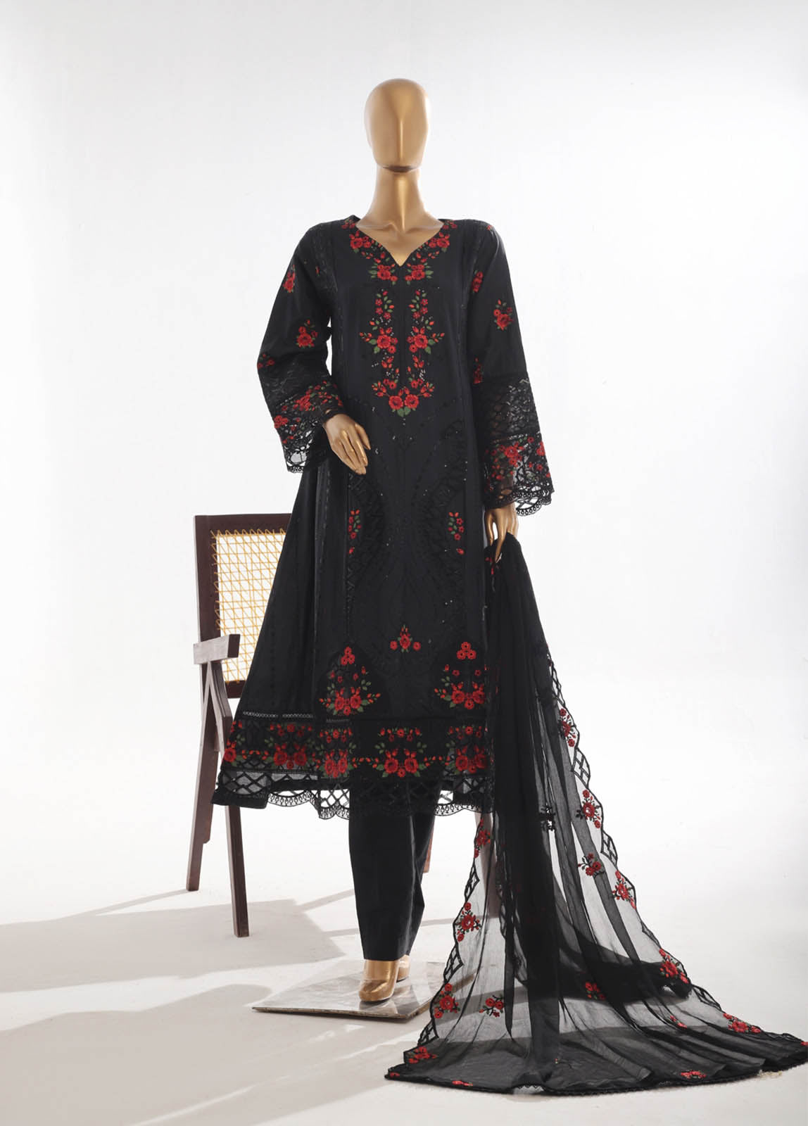 Bin Saeed Fabric - SMK-FR-121B-3 Piece Self Lawn Embroidered Frock Style Suit
