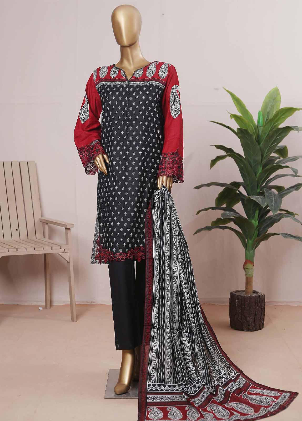 SMLE-0019- 3 Piece Embroidered Stitched Suit