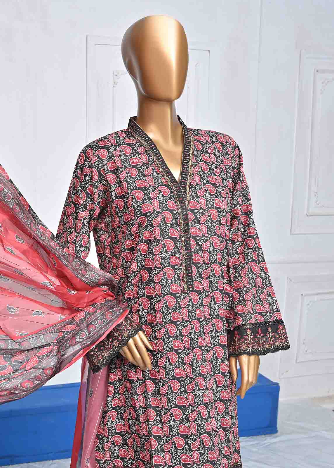 Bin Saeed Fabric - SMLE-0024-3 Piece Black Cotton Embroidered