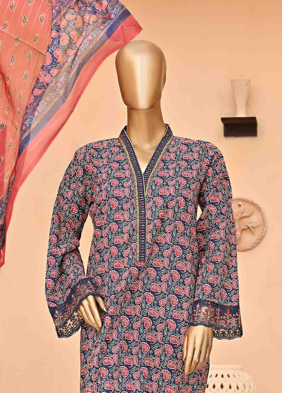 Bin Saeed Fabric - SMLE-0025-3 Piece Blue Cotton Embroidered