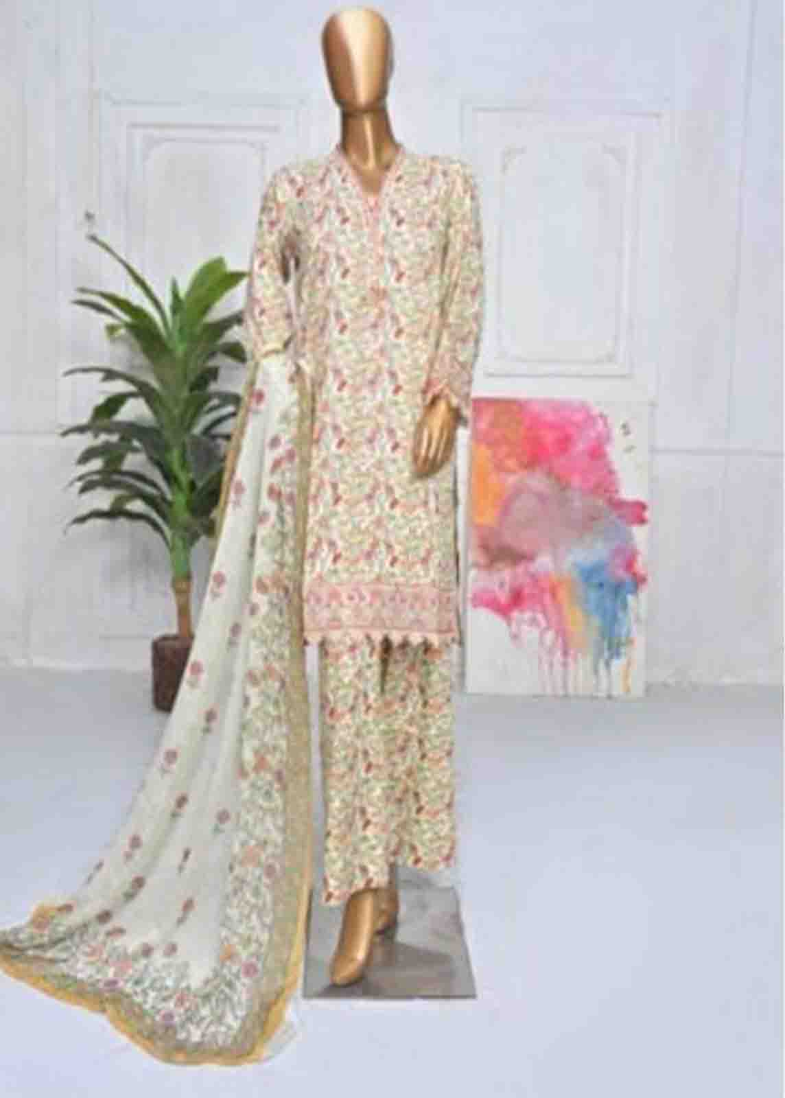 Bin Saeed Fabric - SMLE-0026-FR-3 Piece Cotton Embroidered