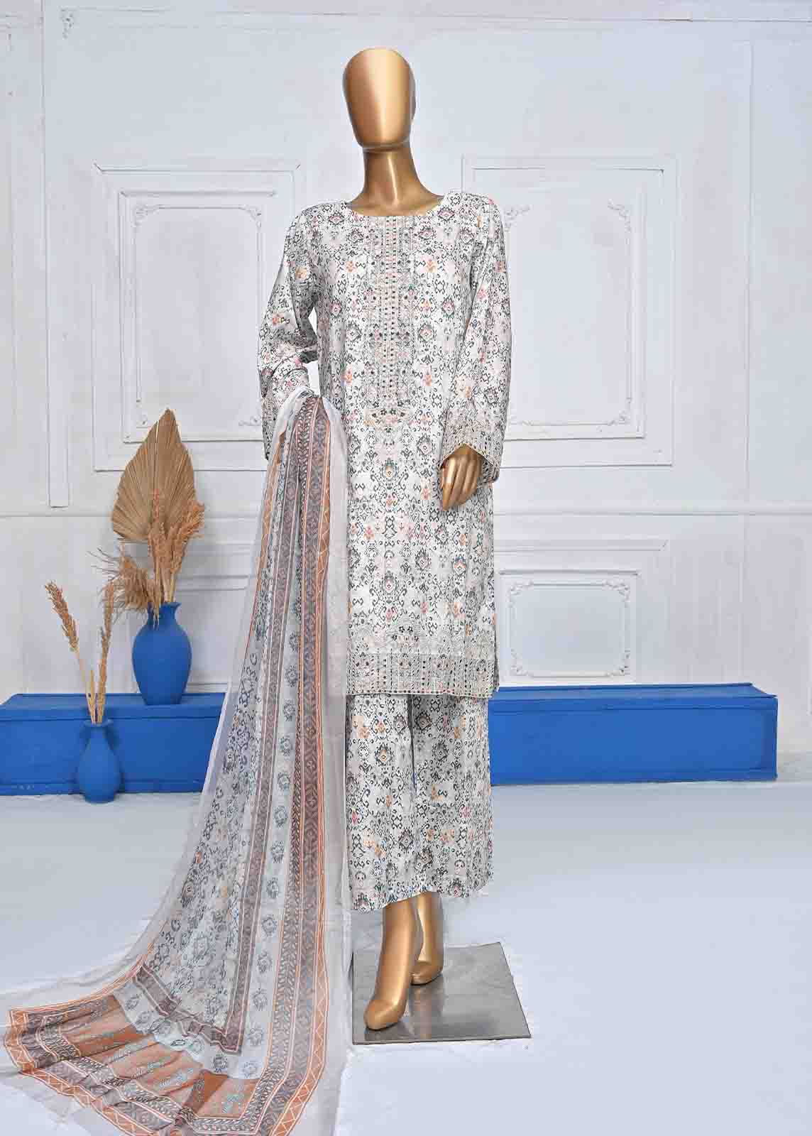 Bin Saeed Fabric - SMLE-0054-3 Piece Cotton Embroidered