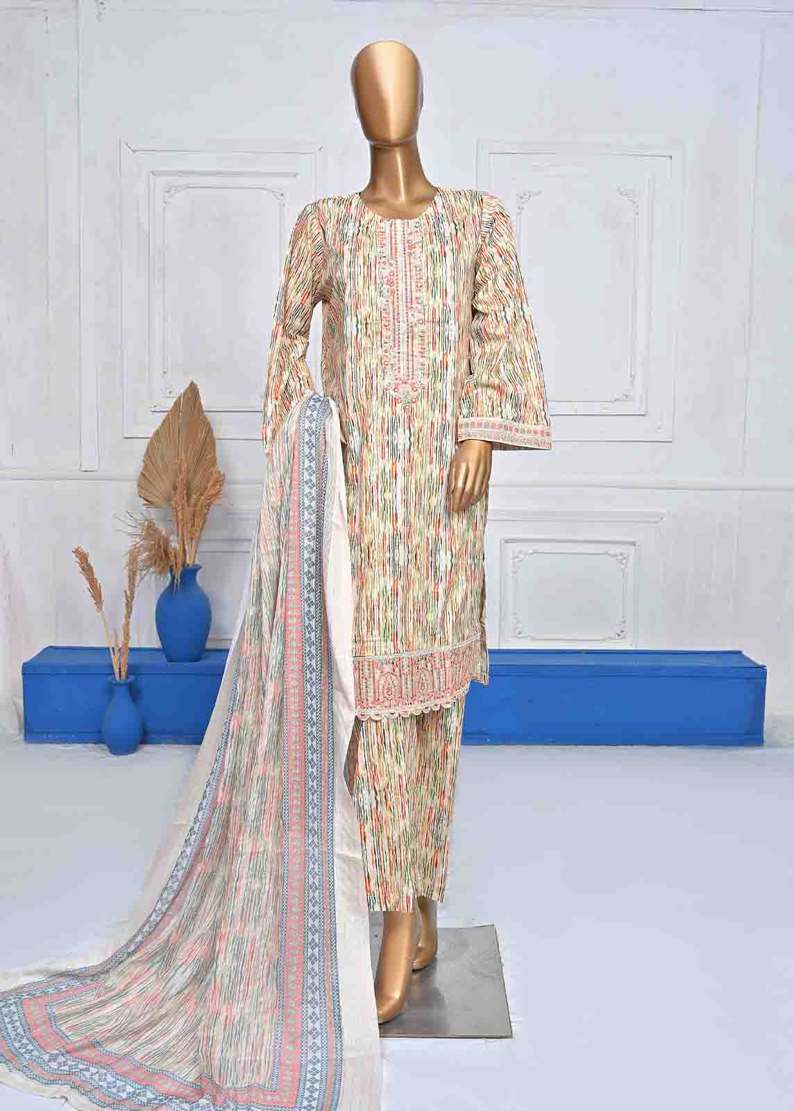 Bin Saeed Fabric - SMLE-0071-3 Piece Cotton Embroidered