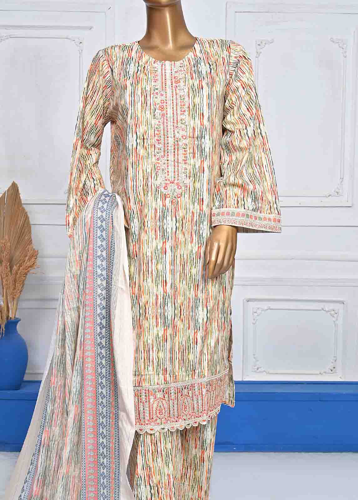 SMLE-0071-3 Piece Cotton Embroidered