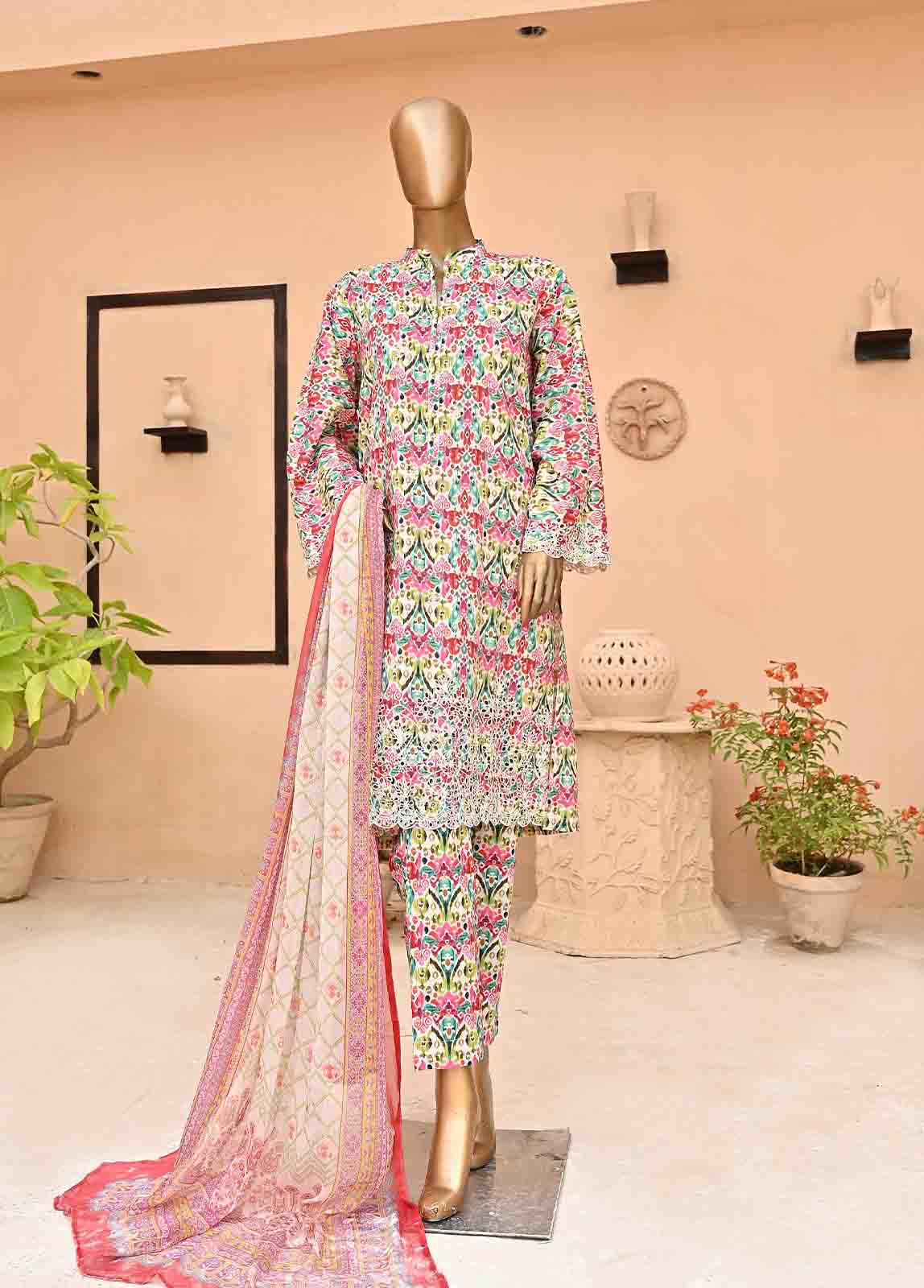 Bin Saeed Fabric - SMLE-0072-3 Piece Cotton Embroidered