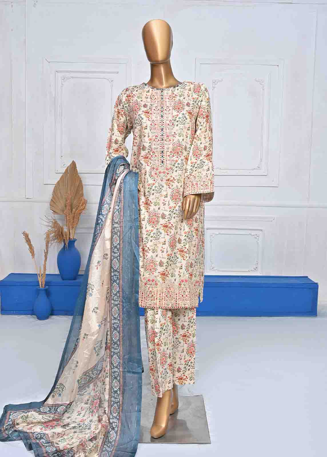 Bin Saeed Fabric - SMLE-0076-3 Piece Cotton Embroidered