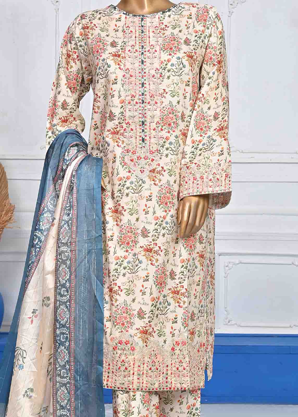 Bin Saeed Fabric - SMLE-0076-3 Piece Cotton Embroidered
