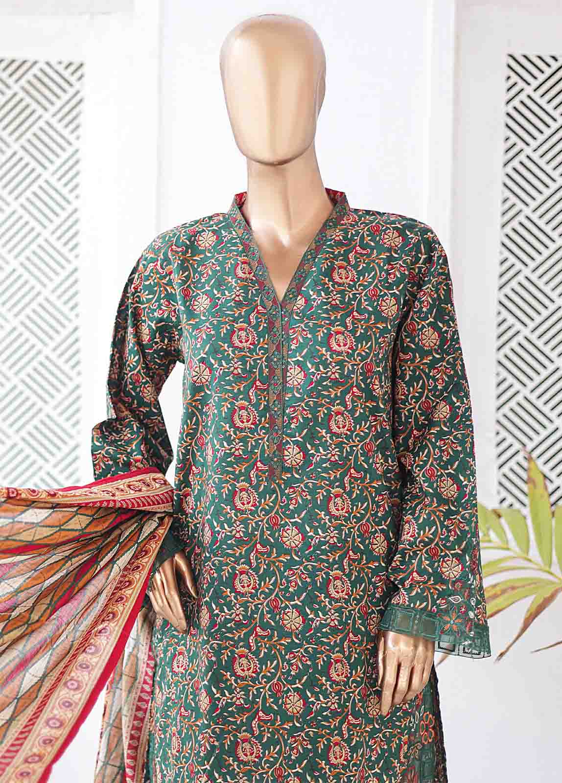 SMLE-0123- 3 Piece Embroidered Stitched Suit